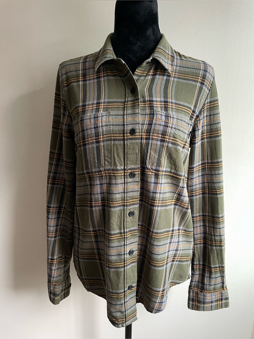 Vans Plaid Flannel Shirt Women’s S Olive Green Cotton Button Front Long Sleeve